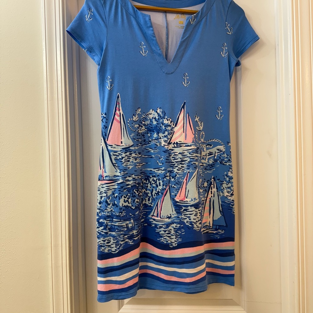 Lilly Pulitzer Blue Sailboat Print Mini Dress with Pink Accents